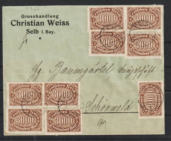 MiNr. 254 (25x) auf Brief "Grosshandlung Christian Weiss" SELB 5.9.23  (0843)