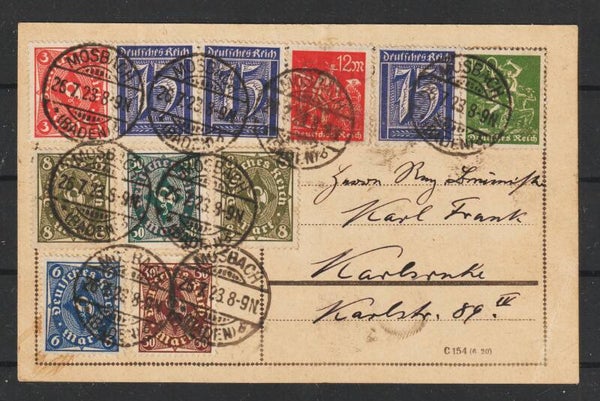 MiNr. 185 (3x) MiF auf Postkarte MOSBACH 26.7.23  (844)