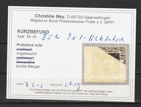 Saar MiNr. 85 b Teilabklatsch Befund Ney BPP  (sab56)