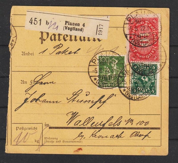 MiNr. 187, 195, 226 auf Paketkarte PLAUEN 5.8.22  (0893)