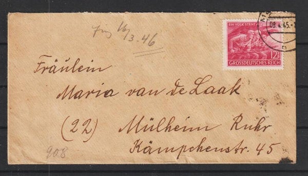 MiNr. 908 Einzelfrankatur auf Brief MEMMINGEN 8.4.45  (as45)