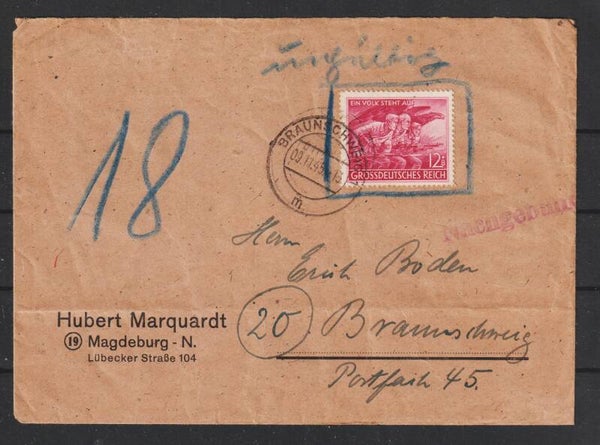 MiNr. 908 Nachverwendet auf Brief BRAUNSCHWEIG 9.11.45