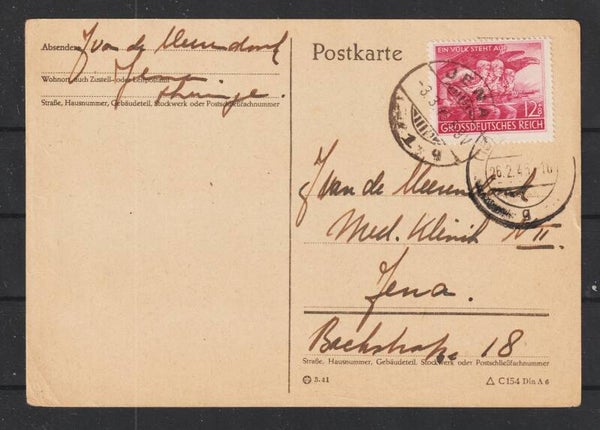 MiNr. 908 Einzelfrankatur auf Postkarte Jena 26.2.45  (as45)