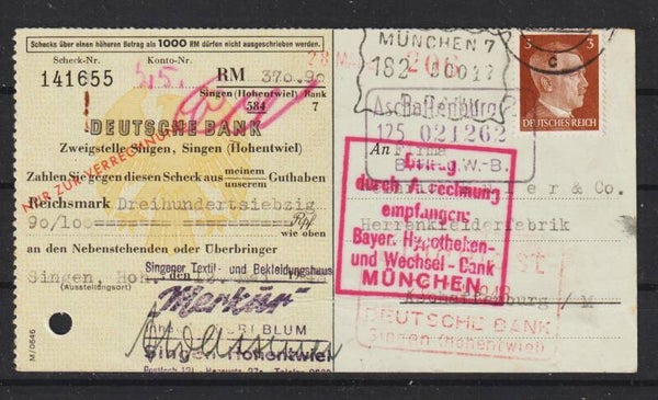 MiNr. 782 EF auf Verrechnungsscheck der Deutschen Bank  (a004)