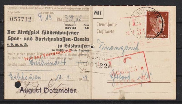 MiNr. 782 EF auf Verrechnungsscheck des Spar- und Darlehenskassen-Verein Eilshausen  (a005)