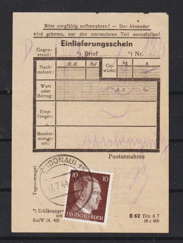 Post Einlieferungsschein 17.7.44  (a039)