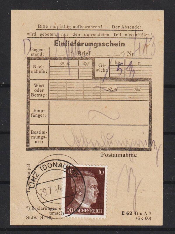 Post Einlieferungsschein 29.7.44  (a040)