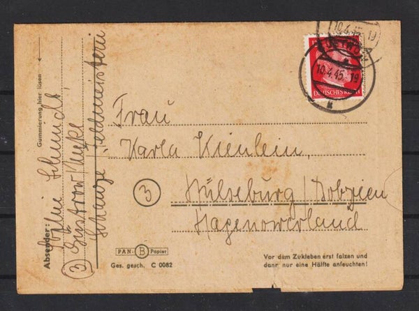 MiNr. 827 auf Beleg, Stempel: GÜSTROW 10.4.45  (a053)