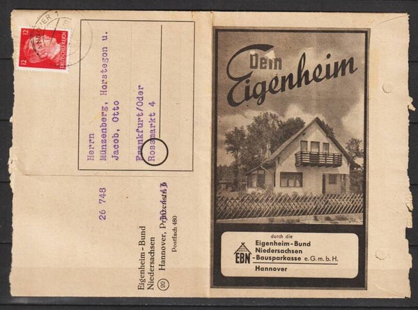 MiNr. 827 auf Beleg vom Eigenheim-Bund Niedersachsen  (a054)