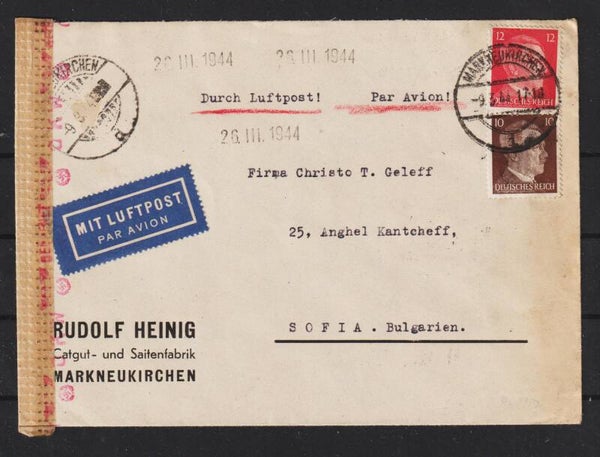 MiNr. 826, 827 Luftpost-Brief, Catgut- u. Saiten Fabrik MARKNEUENKIRCHEN (a074)