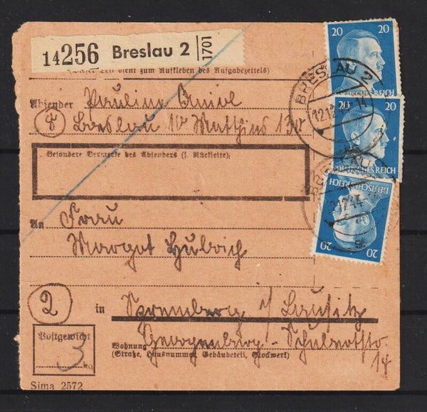 MiNr. 791  MeF Paketkarte BRESLAU - SPREMBERG (a077)