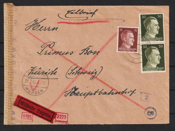 MiNr. 794 Eil-Brief, ESSEN WERDEN - ZÜRICH, Zensur  (a086)