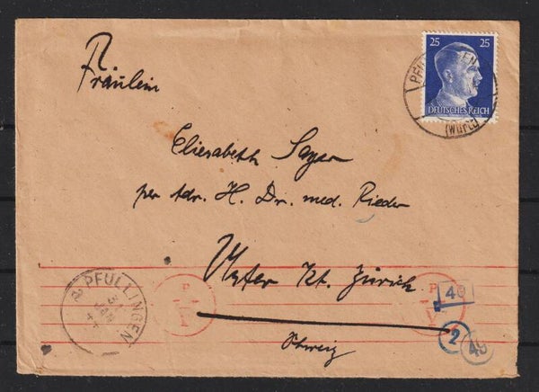 MiNr. 793 Brief PFULLINGEN - ZÜRICH, zensiert  (a090)