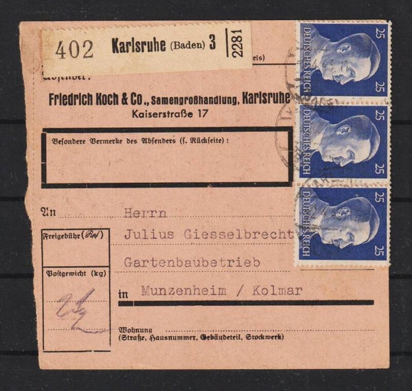 MiNr. 793 Paketkarte KARLSRUHE - MUNZENHEIM (a093)