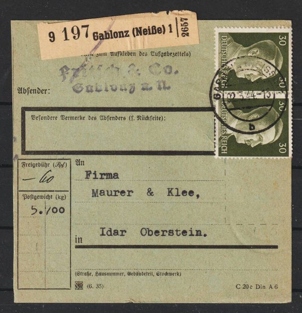 MiNr. 794 Paketkarte, Gablonz Neisse - Idar Oberstein (a107)