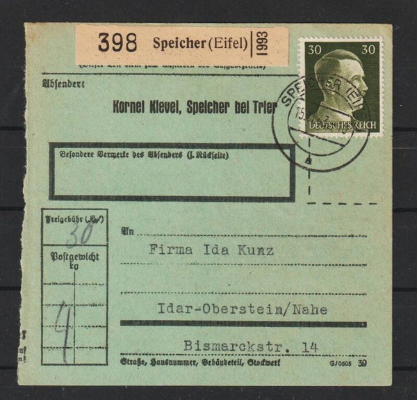 MiNr. 794 Paketkarte, Speicher (Eifel) - Idar Oberstein  (a109)