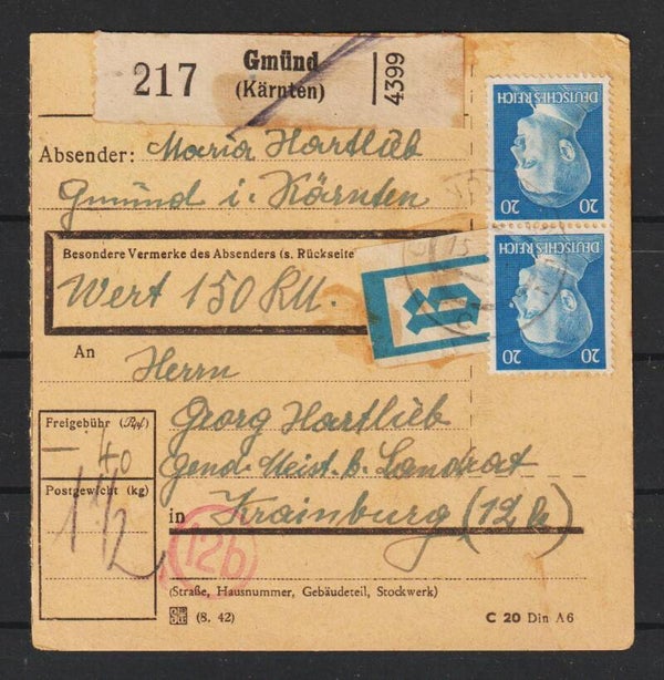 MiNr. 791 Paketkarte, Gmünd - Krainburg (Slovenien)  (a110)