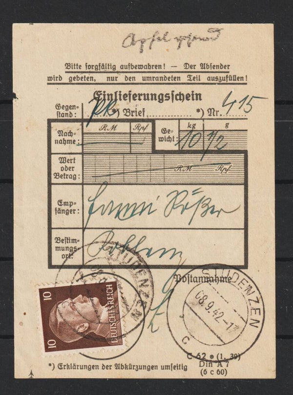 MiNr. 787 auf Posteinlieferungsschein  STUDENZEN  (a111)