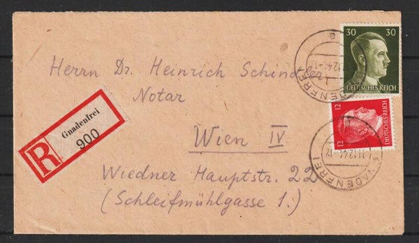 MiNr. 794 R-Brief, GNADENFREI (Schlesien) - WIEN (a116)