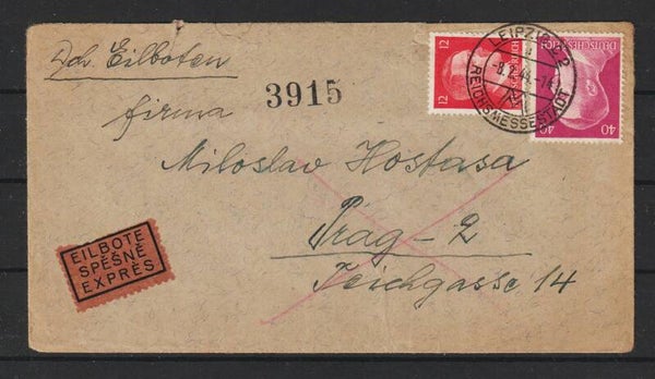 MiNr. 795 Eilboten Express Brief,  Leipzig - Prag (a117)