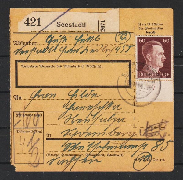MiNr. 797 Paketkarte,  SEESTADTL - NEUSALZA (a135)