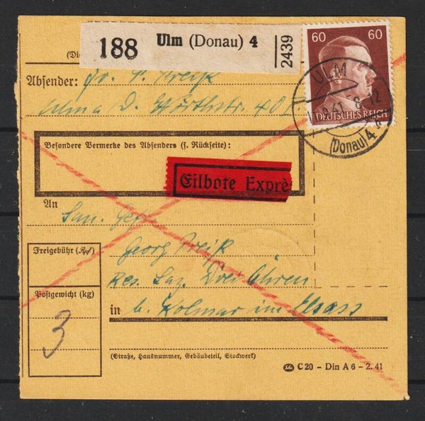 MiNr. 797 Paketkarte,  Eilbote Express, ULM - DREI ÄHREN (a135)