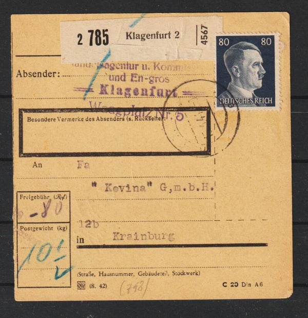 MiNr. 798 Paketkarte,  KLAGENFURT - KRAINBURG (a137)