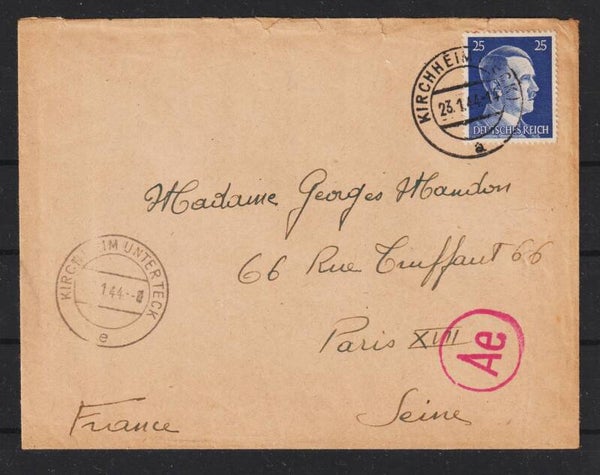 MiNr. 793 Einzelfrankatur KIRCHHEIM UNTERTECK - PARIS (a153)