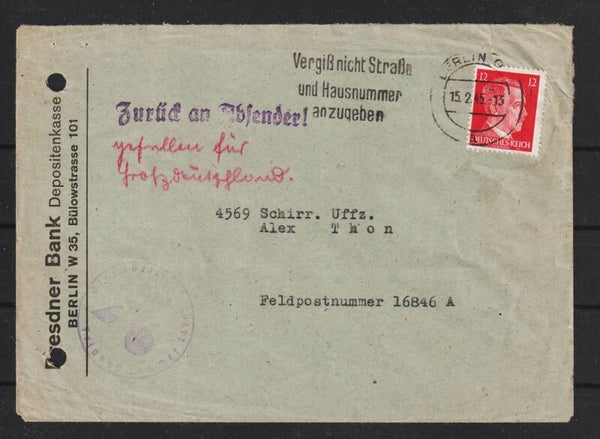 MiNr. 827 auf Beleg,  Zurück an Absender  (a175)