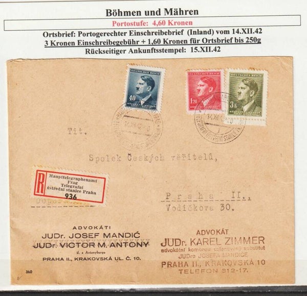B&M MiNr. 102, 94, 96 auf portogerechten R-Brief im Ortsverkehr 14.XII.1942