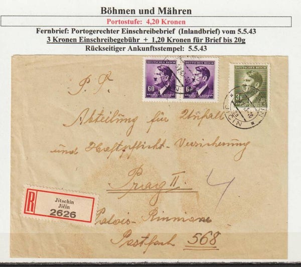 B&M MiNr. 102, 93 auf portogerechten Inlands R-Brief  vom 5.V.43