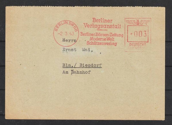 Freistempel 3 Pfennig Drucksache BERLIN SW68  2.3.43  (abfs1)