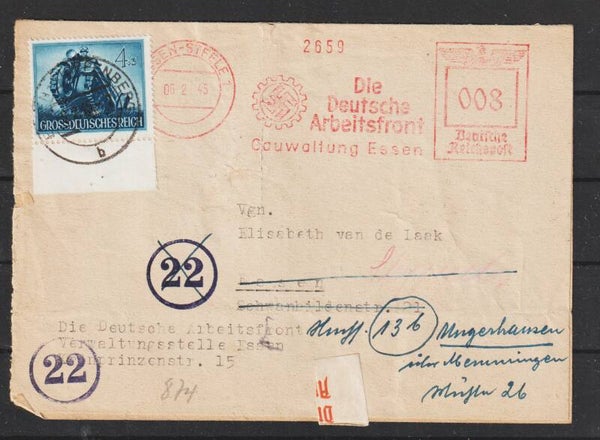 Freistempel 8 Pfennig + MiNr. 874 Drucksache/Brief ESSEN STEELE 6.2.45   (abfs1)