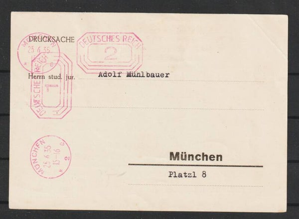 Freistempel 1 + 2 Pfennig Drucksache MÜNCHEN 25.6.35  (abfs1)