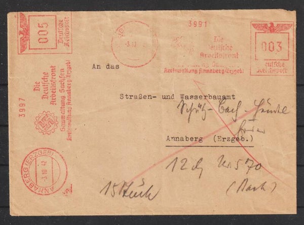 Freistempel 3 + 5 Pfennig Brief/Drucksache  ANNABERG (ERZGEB)  3.10.42   (abfs1)