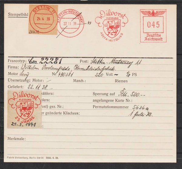 Freistempel Bild Karte STETTIN 24.4.39  (abfs1)