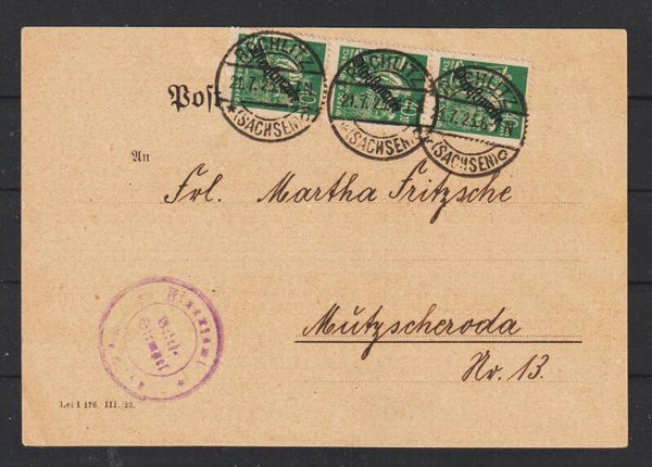 MiNr. D 77 (3x) auf Postkarte "Finanzamt" ROCHLITZ 21.7.23  (ad)