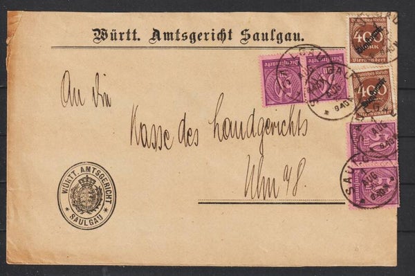 MiNr. 73, 80 auf Brief "Württ. Amtsgericht" SAULGAU 1.AUG.23, Ersttag PP 15  (ad)