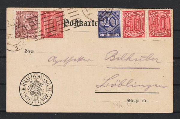 MiNr. D 24, 25, 26, 28 auf Postkarte  STUTTGART 20.APR.22  (ad20)