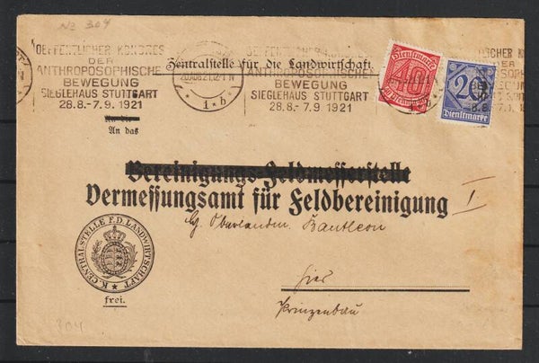 MiNr. D 26, 28 auf Brief  STUTTGART  20.AUG.21   (ad20)