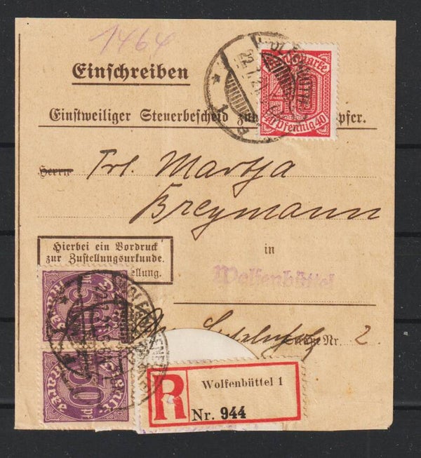 MiNr. D 28, 29 auf R-Brief WOLFENBÜTTEL 22.1.21 (ad20)