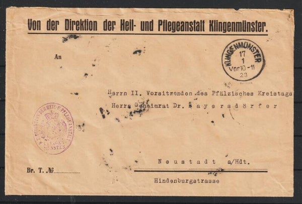 MiNr. D 70 (25x) auf Brief "Heil- und Pflegeanstalt" KLINGENMÜNSTER 17.1.23, geprüft