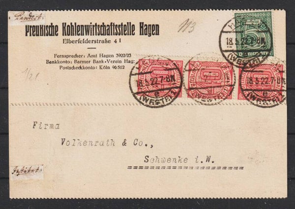 MiNr. D 23, 28 auf Postkarte "Preussische Kohlenwirtschaftsstelle" HAGEN 18.5.22  (ad20)