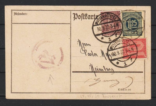 MiNr. D 24, 25, 31 auf Postkarte  WOLFENBÜTTEL 23.9.22  (ad20)