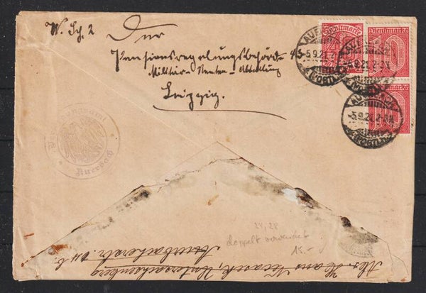 MiNr. D 24, 28 -- 147 auf doppelt verwendeten Brief AUERBACH  5.9.21,  UNTERSACHSENBERG 30.8.21   (ad20)