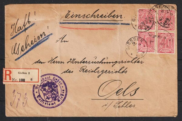 MiNr. D 28 (4x) auf Brief aus der Haftanstalt Giessen 19.9.21   (ad20)