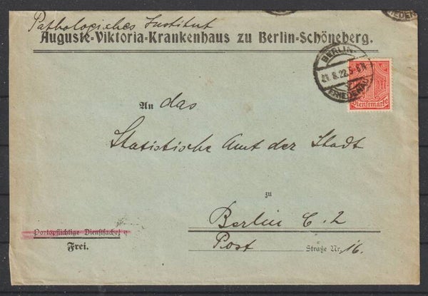 MiNr. D 30 auf Brief "Auguste-Viktoria-Krankenhaus" BERLIN 21.8.22  (ad20)
