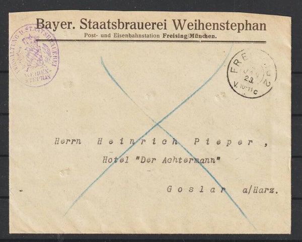 MiNr. D 30 (25x) auf Brief "Bayer. Staatsbrauerei Weihenstephan" FREISING 4.JAN.23  (ad20)