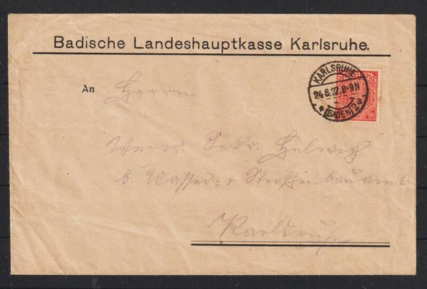 MiNr. D 30 auf Brief KARLSRUHE 24.8.22  (ad20)