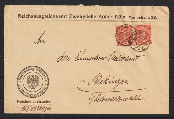 MiNr. D 30 (2x) auf Brief "Reichsausgleichamt" CÖLN 6.2.22  (ad20)